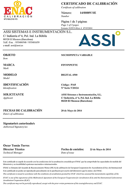 *CERTIFICADO ENAC DE MICROPIPETAS DE VOLUMEN VARIABLE